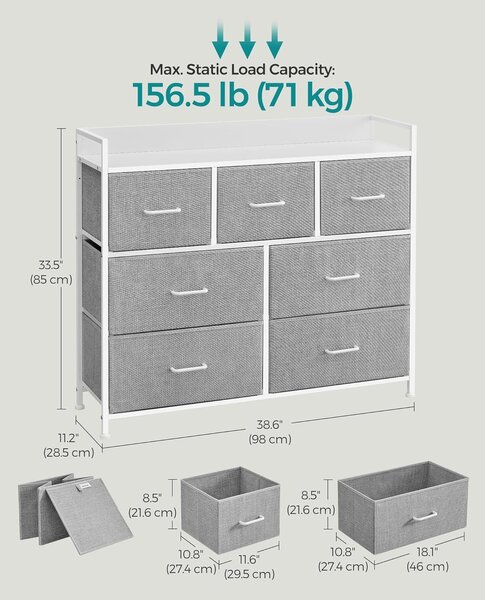 Fém keretes Komód SONGMICS és 7 szövet fiókos, 29x98x85 cm, szürke és fehér