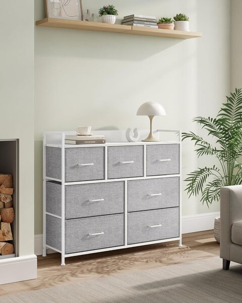 Fém keretes Komód SONGMICS és 7 szövet fiókos, 29x98x85 cm, szürke és fehér