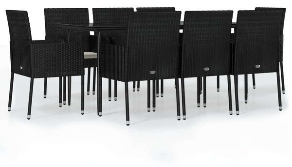 9 részes fekete polyrattan kerti étkezőgarnitúra párnákkal