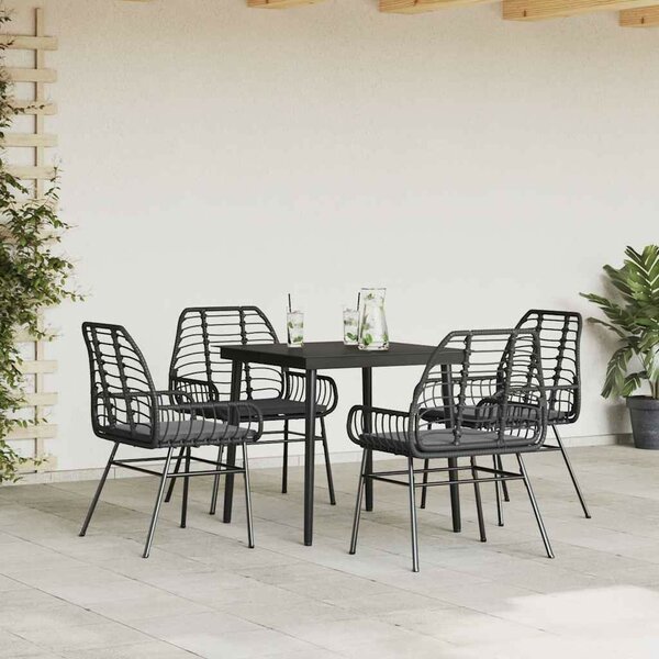 5 részes fekete polyrattan üveg kerti étkezőgarnitúra párnákkal