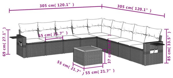 VidaXL Polyrattan Kerti Ülőgarnitúra - 10 részes - Fekete