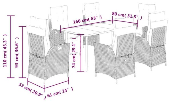 VidaXL 7 részes fekete polyrattan kerti étkezőgarnitúra párnával