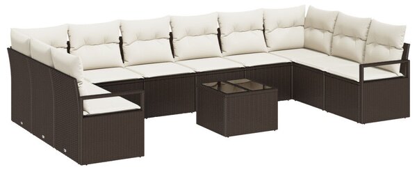 10 Darabos Kerti Kanapé Szett Párnákkal Szürke Poly Rattan, 2-Fős Kerti Kanapé Tárolóval és Párnákkal Barna Poly Rattan