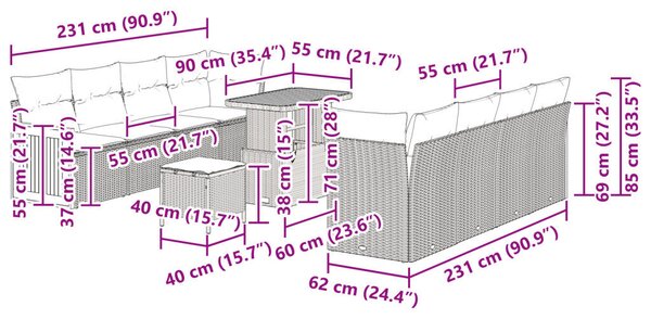 11 Részes Kerti Sofa Szett Párnákkal Bézs Poli Rattan Akáciával