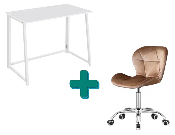 Dolgozószobai szett – összecsukható íróasztal ZARIMO 80×40 cm fehér + irodai szék AVOLA VELVET világosbarna