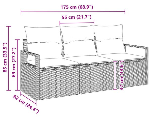3 Darabos Kerti Kanapé Szett Párnákkal Szürke Polyrattan
