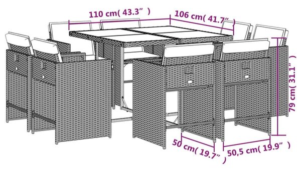 VidaXL 9 részes fekete polyrattan kerti étkezőgarnitúra párnákkal
