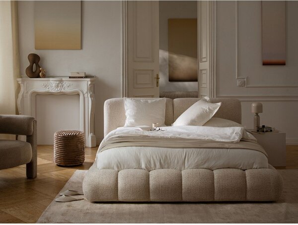 Világosbarna kárpitozott ágyneműtartós franciaágy ágyráccsal 200x200 cm Solange – Micadoni