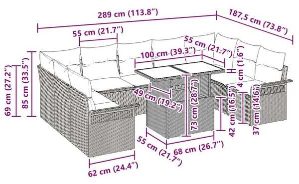 Kerti Kanapé Szett 10 pcs Fekete 100 x 55 x 73 cm Poli rattan