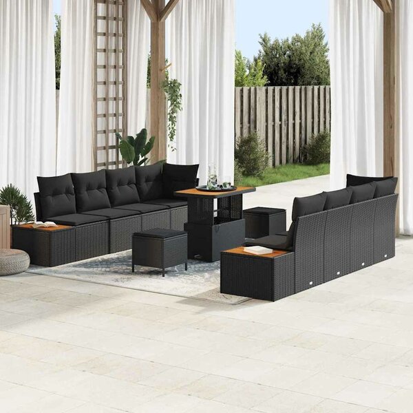 VidaXL Kerti Kanapé Szett párnával tárolóval 11 pcs Fekete Poli rattan