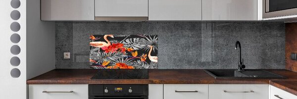 Konyhai fali panel Flamingók és virágok