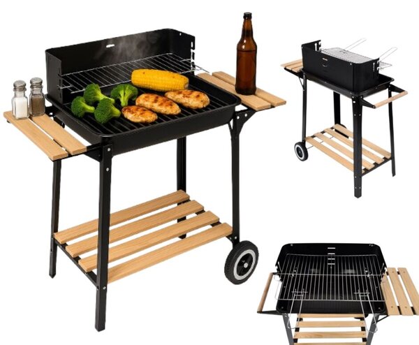 Pepita faszenes Kerti Grill fa polcokkal - fekete-barna