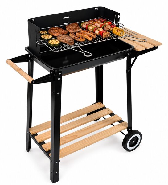 Pepita faszenes Kerti Grill fa polcokkal - fekete-barna