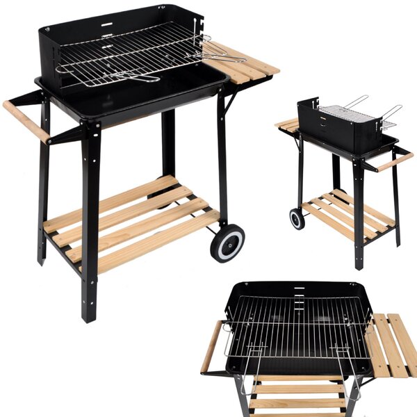 Pepita faszenes Kerti Grill fa polcokkal - fekete-barna
