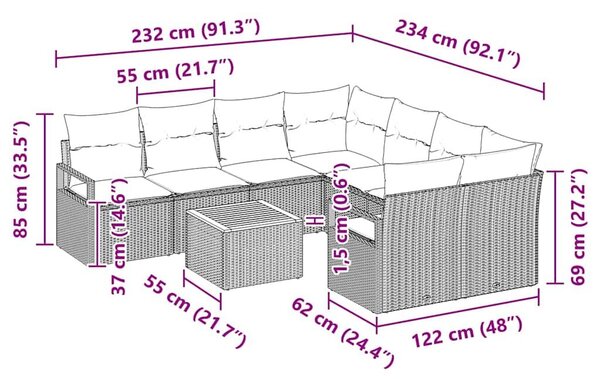 VidaXL Kerti Kanapé Szett párnával 9 pcs Fekete polirattan