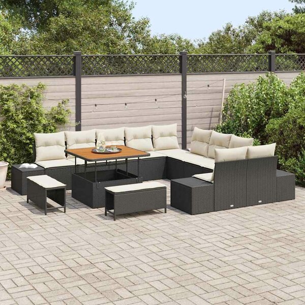 VidaXL Kerti Kanapé Szett párnával tárolóval 13 pcs Fekete Poli rattan
