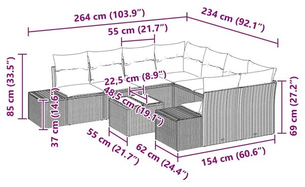 VidaXL Kerti Kanapé Szett párnával 9 pcs Barna polirattan