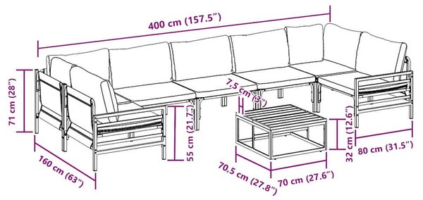 Kerti Kanapé Szett 8 pcs Antracitszürke Acél