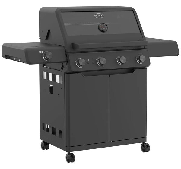Rösle Allflame Prime 4 Gázgrill, 70x45 cm-es főzőfelület, Vario+ multifunkcionális rendszer, állítható gáznyomás, oldalégő, rozsdamentes hőelosztó, prémium rozsdamentes acél, fekete