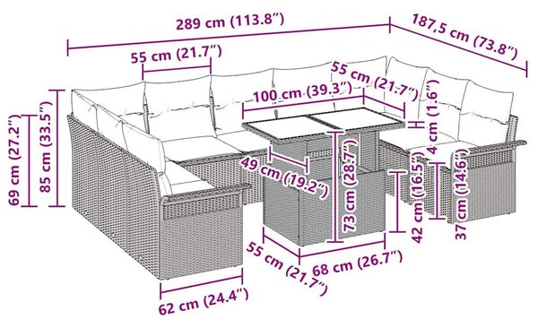 Kerti Kanapé Szett 10 pcs Barna 100 x 55 x 73 cm Poli rattan