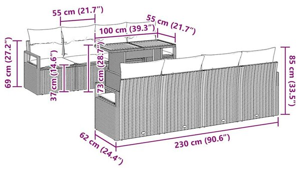 Kerti Kanapé Szett 9 pcs Szürke és Barna 100 x 55 x 73 cm