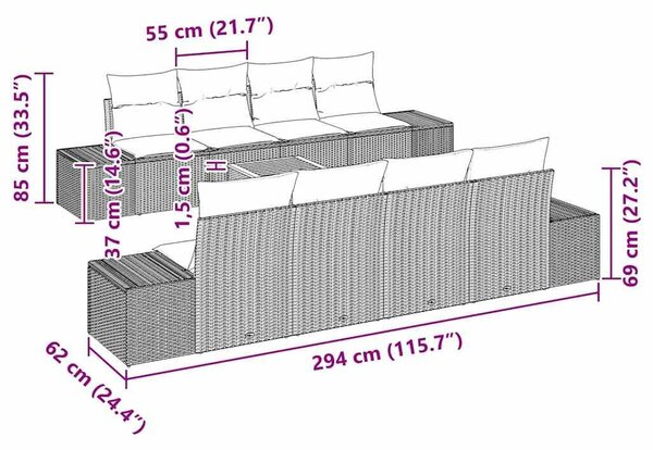 VidaXL Kerti Kanapé Szett tárolóval 9 pcs Fekete és Krém polirattan