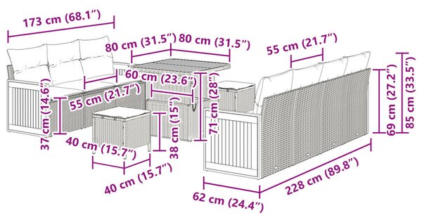 10 darabos Kerti Sofa Szett Párnákkal Fekete Poli Rattan Akáciából