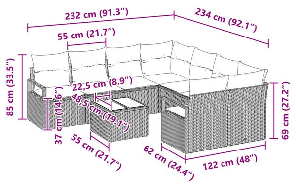 9 darabos Kerti Kanapészett Párnákkal Bézs Poly Rattan