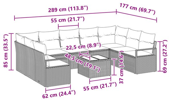 9 Darabos Kert Kanapé Készlet Párnákkal Barna Poli Rattan