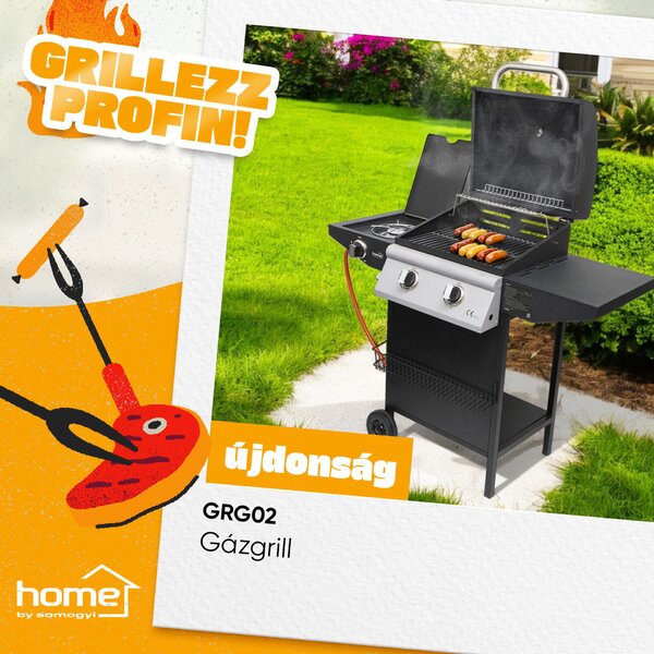Home by Somogyi BBQ KERTI GRILL Home GRG02 gázgrill, 2 főégővel, 1 oldalégővel, 3,2 kW égőnkénti teljesítmény, 440x400 mm sütőfelület, nyomásszabályozó készlettel