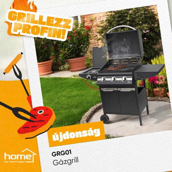Home by Somogyi BBQ kültéri grill Home GRG01 gázgrill, 3 főégővel, 1 oldalégővel, 3,2 kW teljesítmény égőnként, nyomásszabályozó készlettel