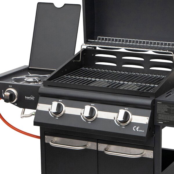 Home by Somogyi BBQ kültéri grill Home GRG01 gázgrill, 3 főégővel, 1 oldalégővel, 3,2 kW teljesítmény égőnként, nyomásszabályozó készlettel