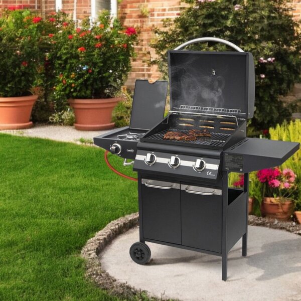 Home by Somogyi BBQ kültéri grill Home GRG01 gázgrill, 3 főégővel, 1 oldalégővel, 3,2 kW teljesítmény égőnként, nyomásszabályozó készlettel
