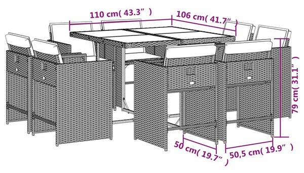 VidaXL 9 részes fekete polyrattan kerti étkezőgarnitúra párnákkal