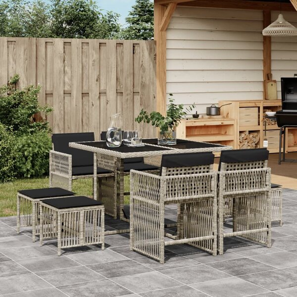 VidaXL 9részes világosszürke polyrattan kerti étkezőgarnitúra párnával