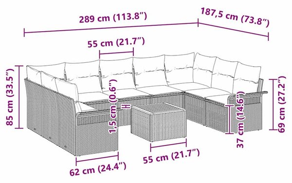 VidaXL Kerti Kanapé Szett párnával 10 pcs Bézs polirattan