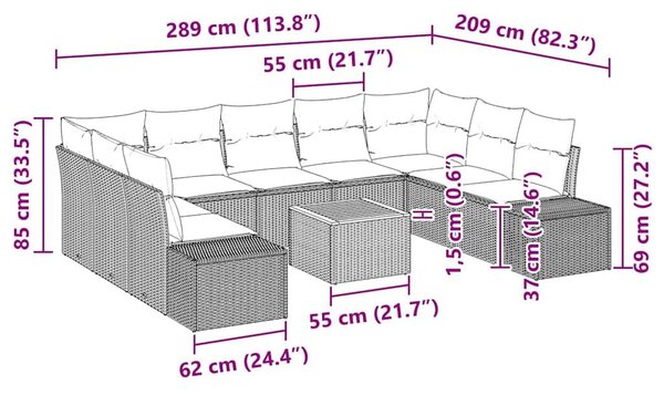 VidaXL Kerti Kanapé Szett 10 db Fekete polirattan