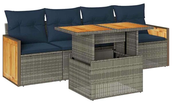 VidaXL 5 részes szürke polyrattan akácfa kerti ülőgarnitúra párnákkal