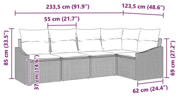 VidaXL Kanapé Szett párnával 5 pcs Barna polirattan