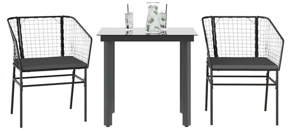 VidaXL 3 részes fekete polyrattan üveg kerti étkezőgarnitúra párnákkal
