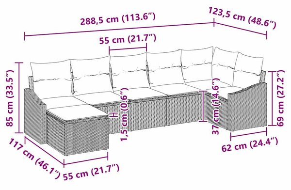 VidaXL 7 Részes Barna Poli Rattan Moduláris Kerti Kanapé Szett Párnákkal