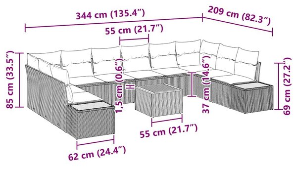 VidaXL Kerti Kanapé Szett párnával 11 pcs Szürke Poli rattan