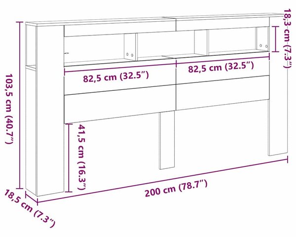 Tároló Fejtámla LED Fénnyel Fekete Tölgy 200x18,5x103,5 cm