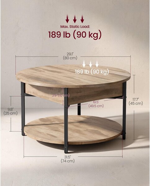 VASAGLE kerek emelhető dohányzóasztal rejtett rekeszzzel, 80 cm, teveszürke-fekete