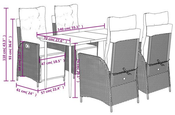 VidaXL 5részes világosszürke polyrattan kerti étkezőgarnitúra párnával