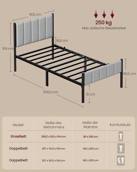 VASAGLE egyszemélyes fém ágykeret kárpitozott fejvéggel, 90x200 cm, galambszürke