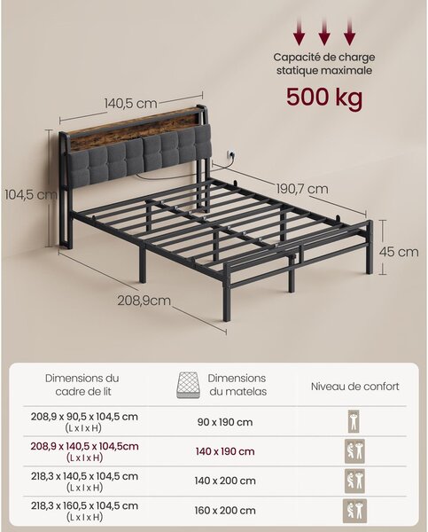 VASAGLE ágykeret 140 x 190 cm 2 fiókkal, LED-világítással, töltőállomással