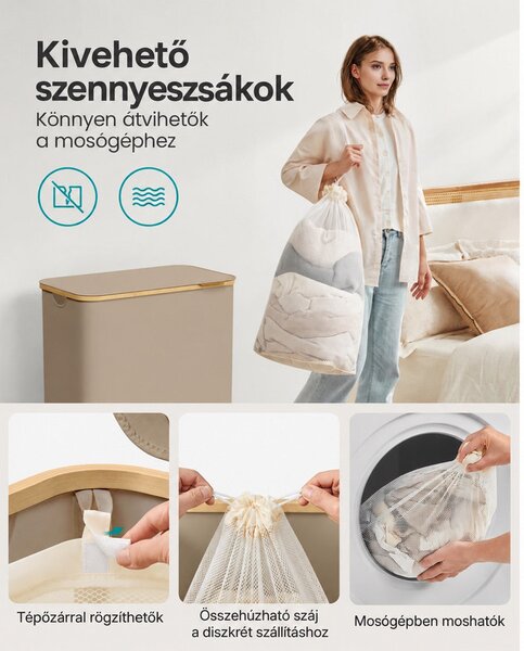 SONGMICS 3 rekeszes fedeles szennyeskosár, 150 L (60 x 38,5 x 70,5 cm), teveszín barna