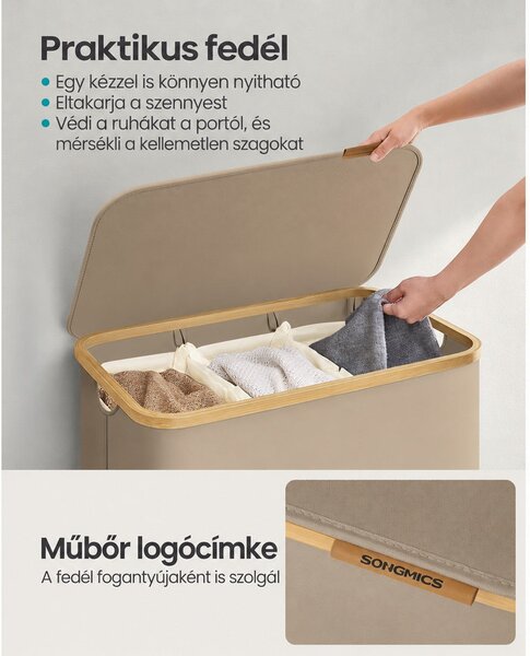 SONGMICS 3 rekeszes fedeles szennyeskosár, 150 L (60 x 38,5 x 70,5 cm), teveszín barna