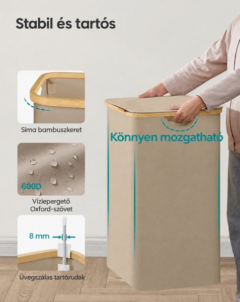 SONGMICS 3 rekeszes fedeles szennyeskosár, 150 L (60 x 38,5 x 70,5 cm), teveszín barna